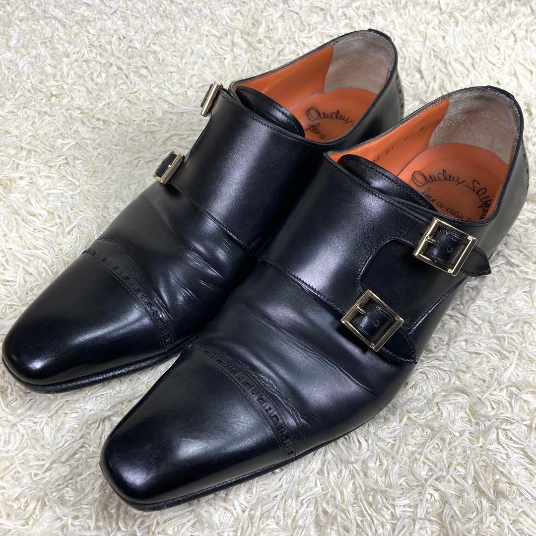 『美品』Santoni ダブルモンクストラップ ストレートチップ メダリオン　黒