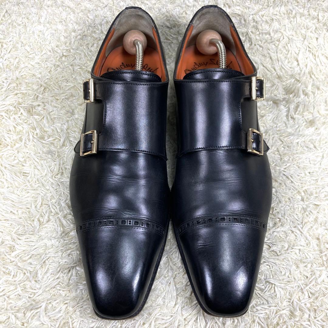 『美品』Santoni ダブルモンクストラップ ストレートチップ メダリオン　黒