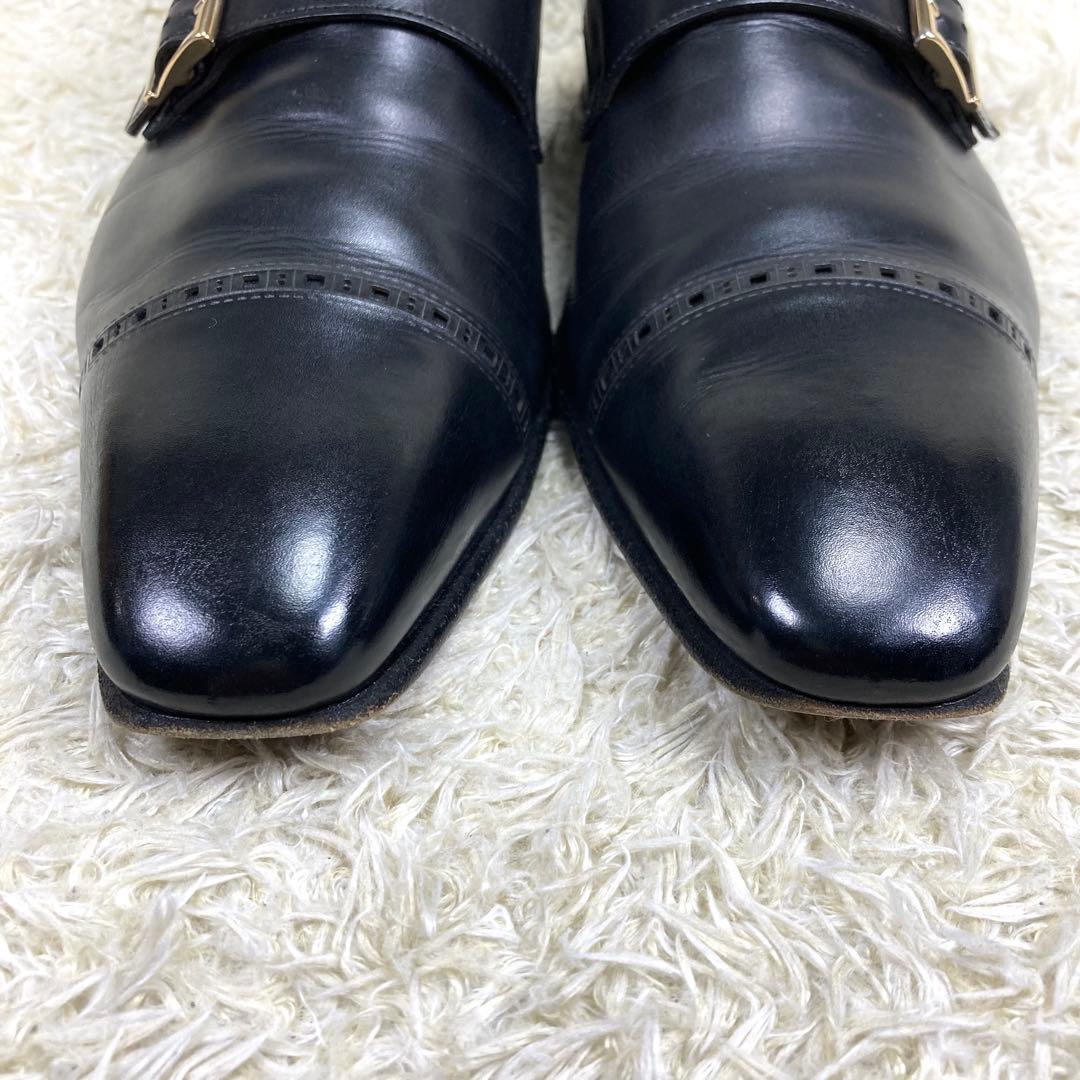 『美品』Santoni ダブルモンクストラップ ストレートチップ メダリオン　黒