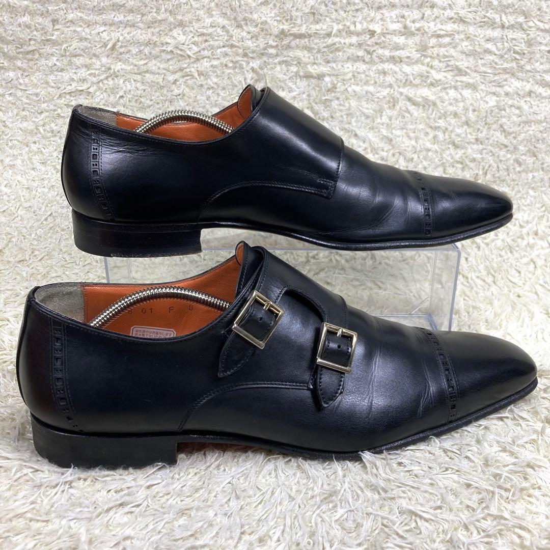 『美品』Santoni ダブルモンクストラップ ストレートチップ メダリオン　黒