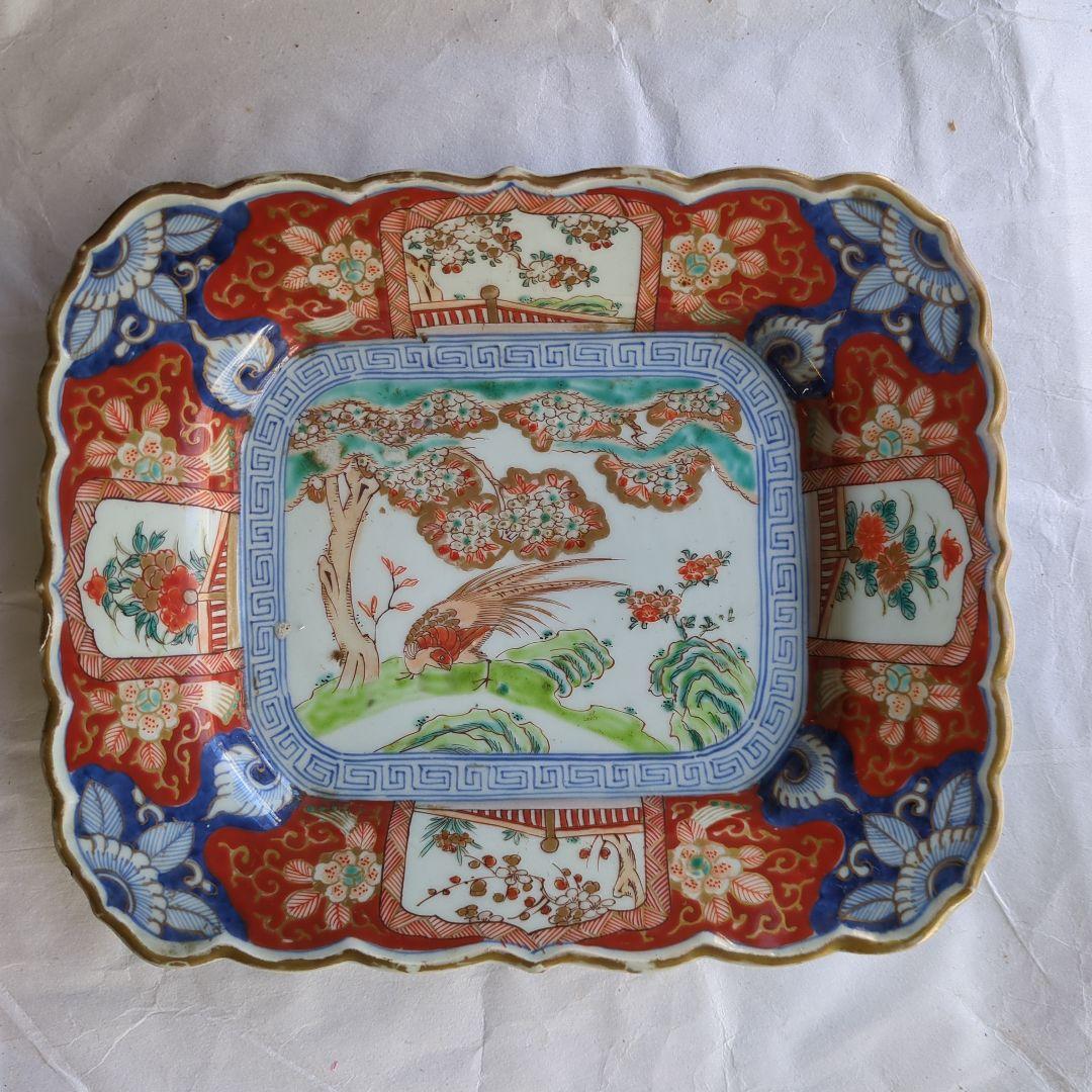 骨董 古伊万里 角皿 輪花 手描き 花鳥図 平鉢 大皿 陶器 飾り皿