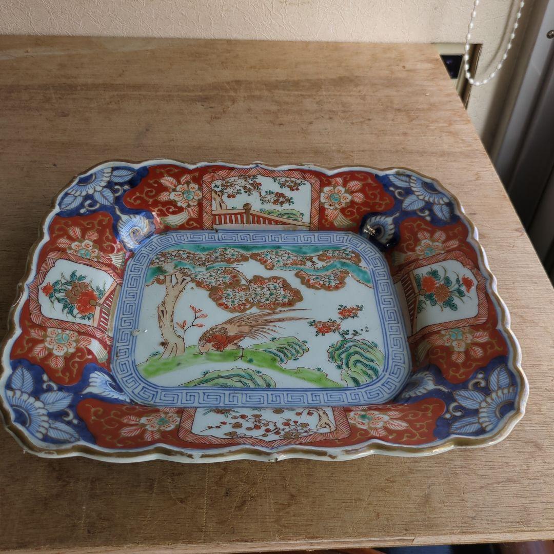 骨董 古伊万里 角皿 輪花 手描き 花鳥図 平鉢 大皿 陶器 飾り皿