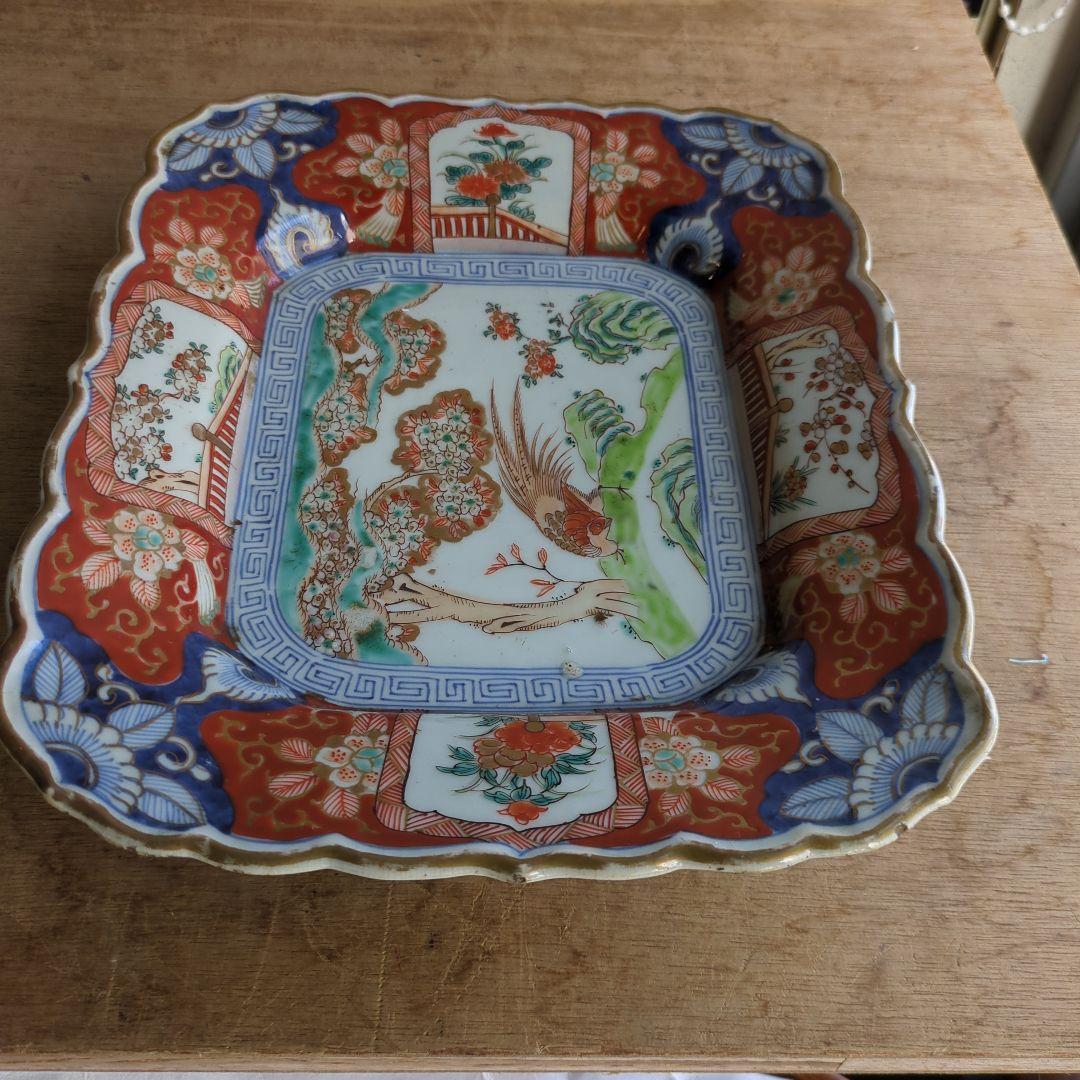 骨董 古伊万里 角皿 輪花 手描き 花鳥図 平鉢 大皿 陶器 飾り皿