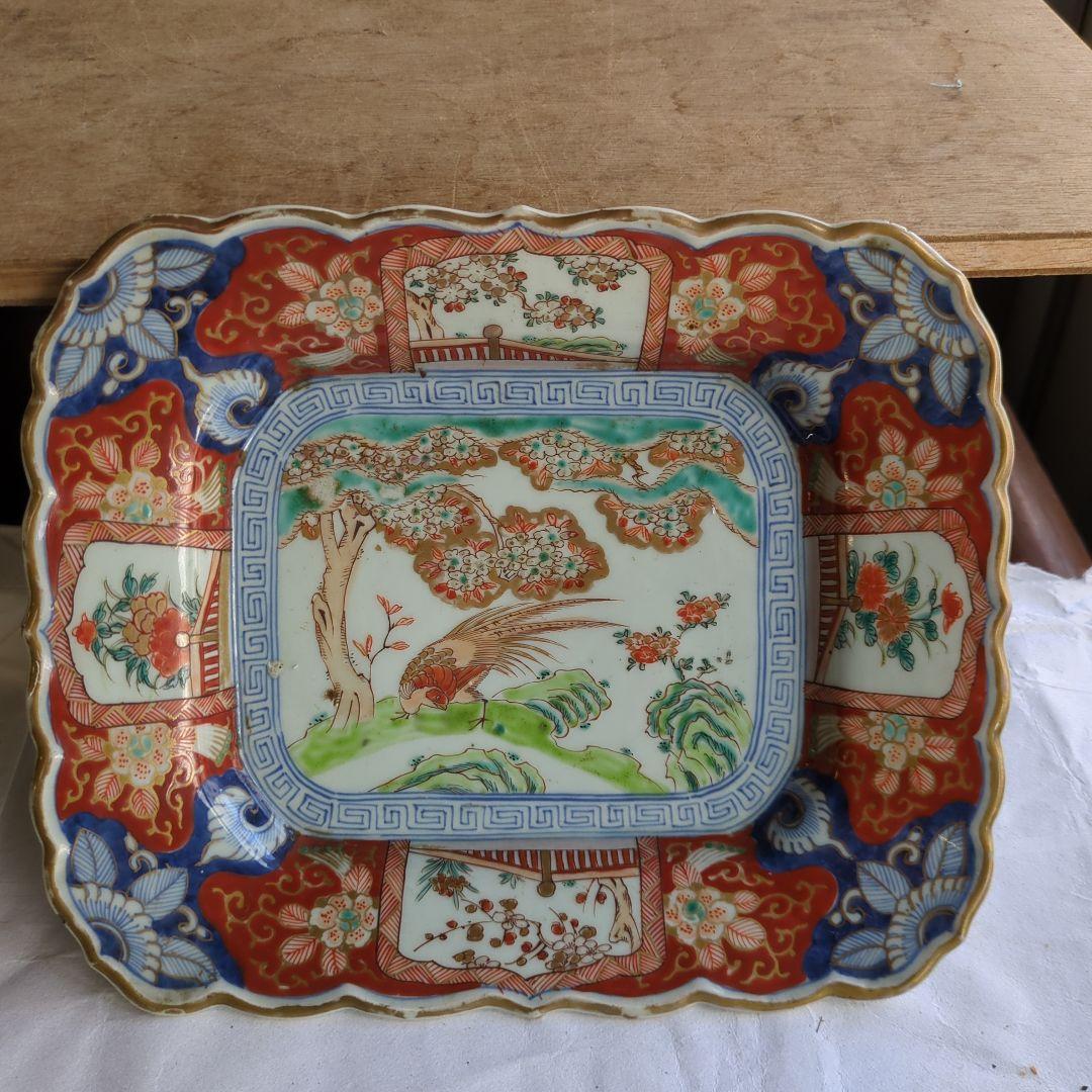 骨董 古伊万里 角皿 輪花 手描き 花鳥図 平鉢 大皿 陶器 飾り皿