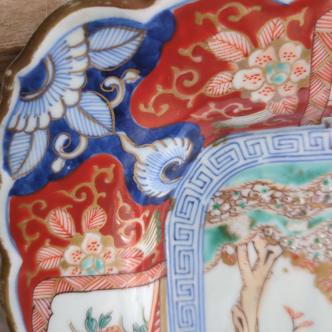 骨董 古伊万里 角皿 輪花 手描き 花鳥図 平鉢 大皿 陶器 飾り皿