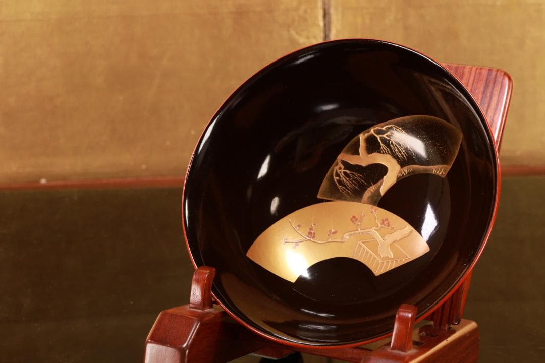 時代輪島塗　扇面絵違金蒔絵　吸物椀　５客　木製　図替　絵違 BJ055