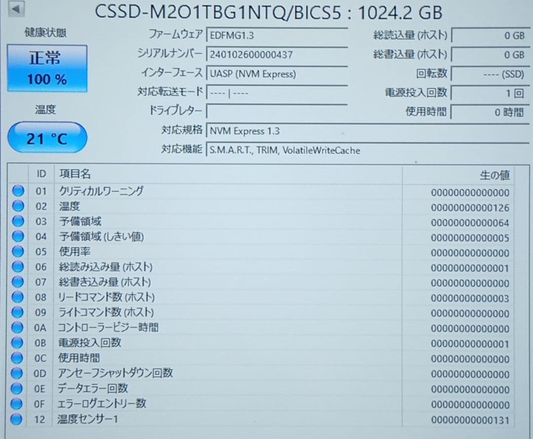 ほぼ新品 M.2 2280 SSD 1024.2 GB NVMe