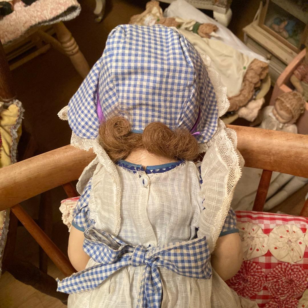 アンティークドール青と白のチェック柄