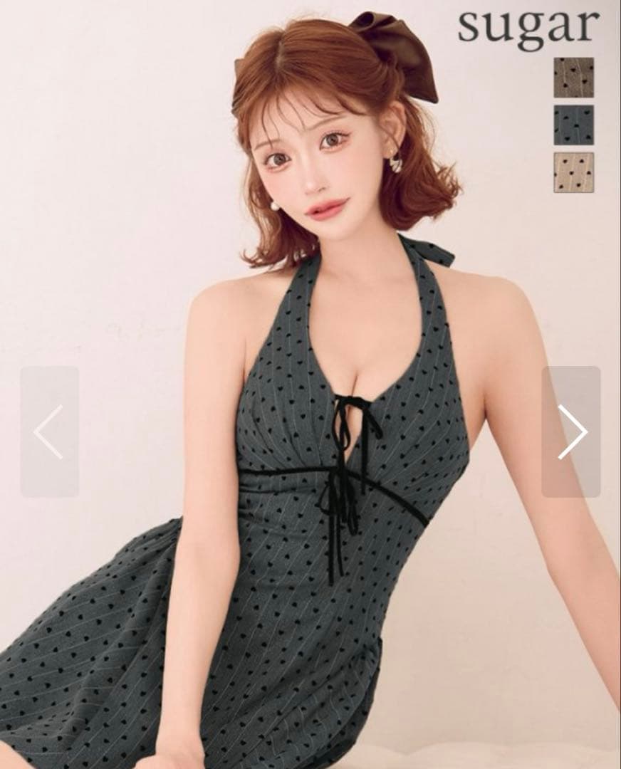 Vカットバストリボンハートフレアマイクロミニドレス