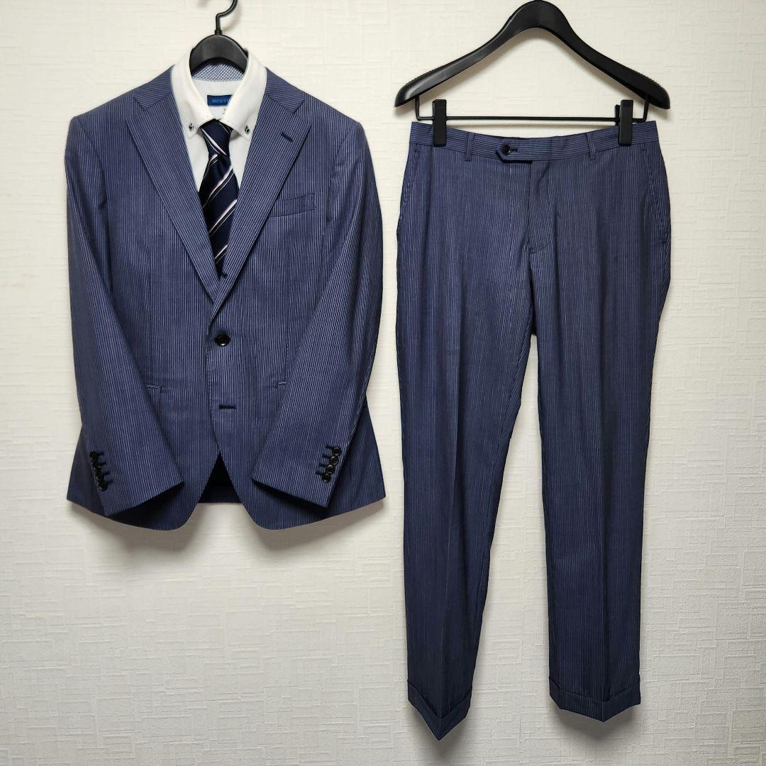 スーツセレクト　メンズ　スーツ　濃紺　ストライプ　ウール　イタリア生地