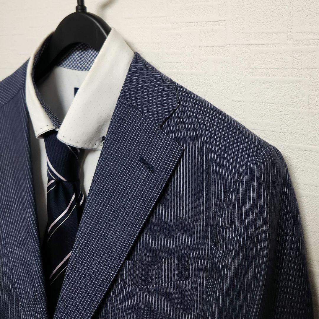 スーツセレクト　メンズ　スーツ　濃紺　ストライプ　ウール　イタリア生地