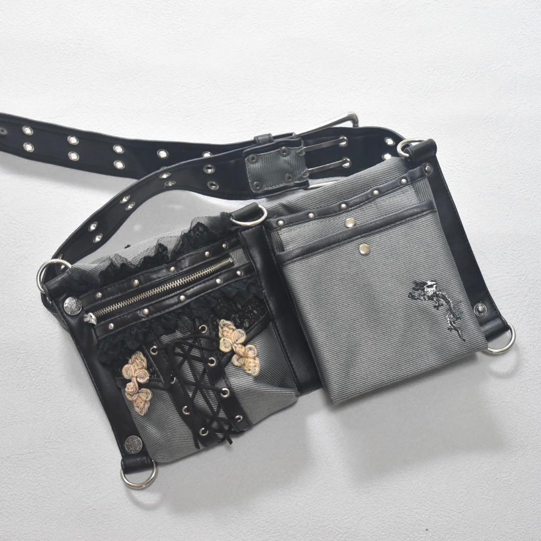 OzzCroceゴシック 和ゴス ドラゴン刺繍 コルセットレース ウエストバッグ