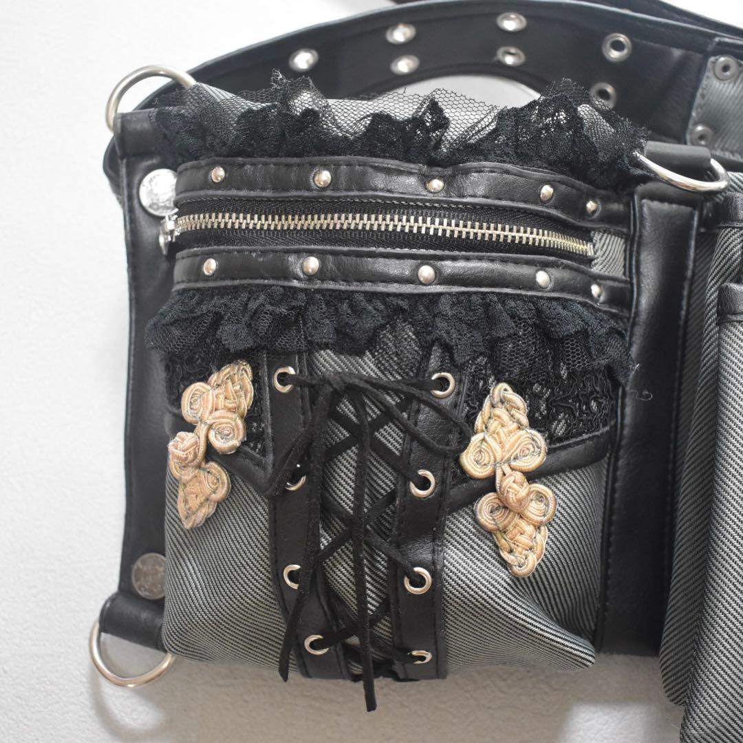 OzzCroceゴシック 和ゴス ドラゴン刺繍 コルセットレース ウエストバッグ
