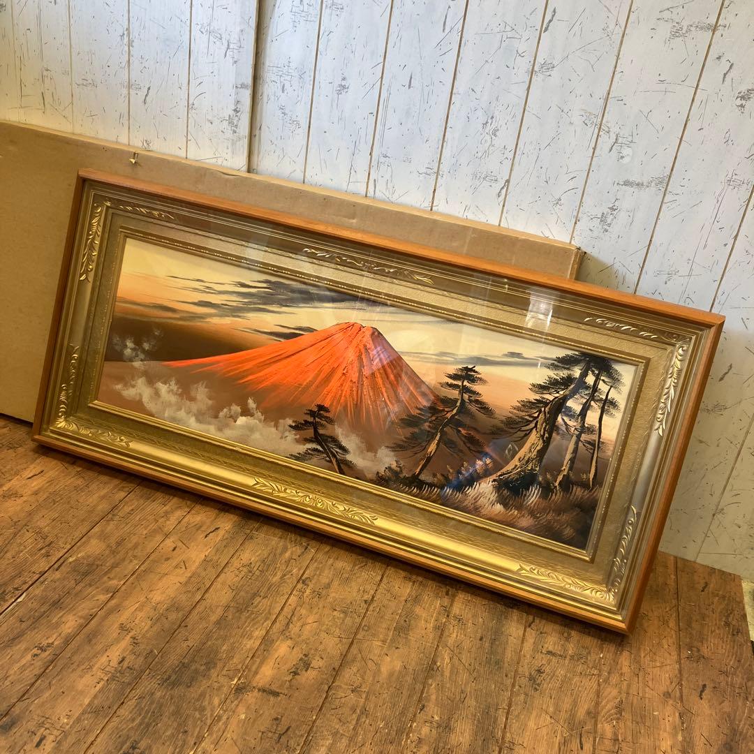 昭和レトロ 木製フレーム 赤富士 富士山 日本画 油絵 アート インテリア