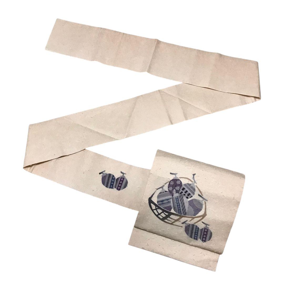 【名古屋帯】ひげ紬 作家物　実模様 カジュアル　白　ホワイト　アンティーク