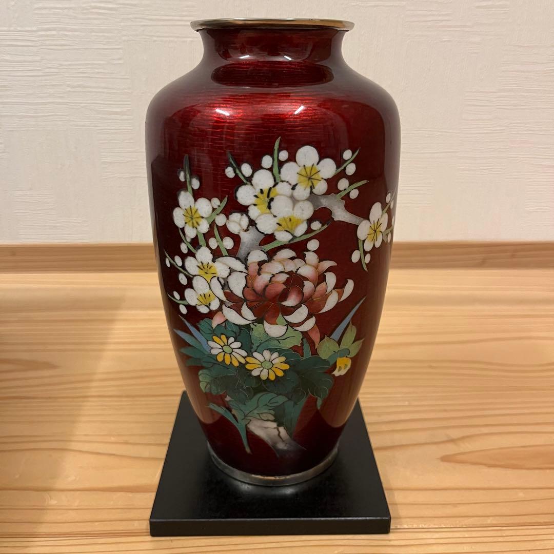 七宝焼　赤透　四君子文　花瓶