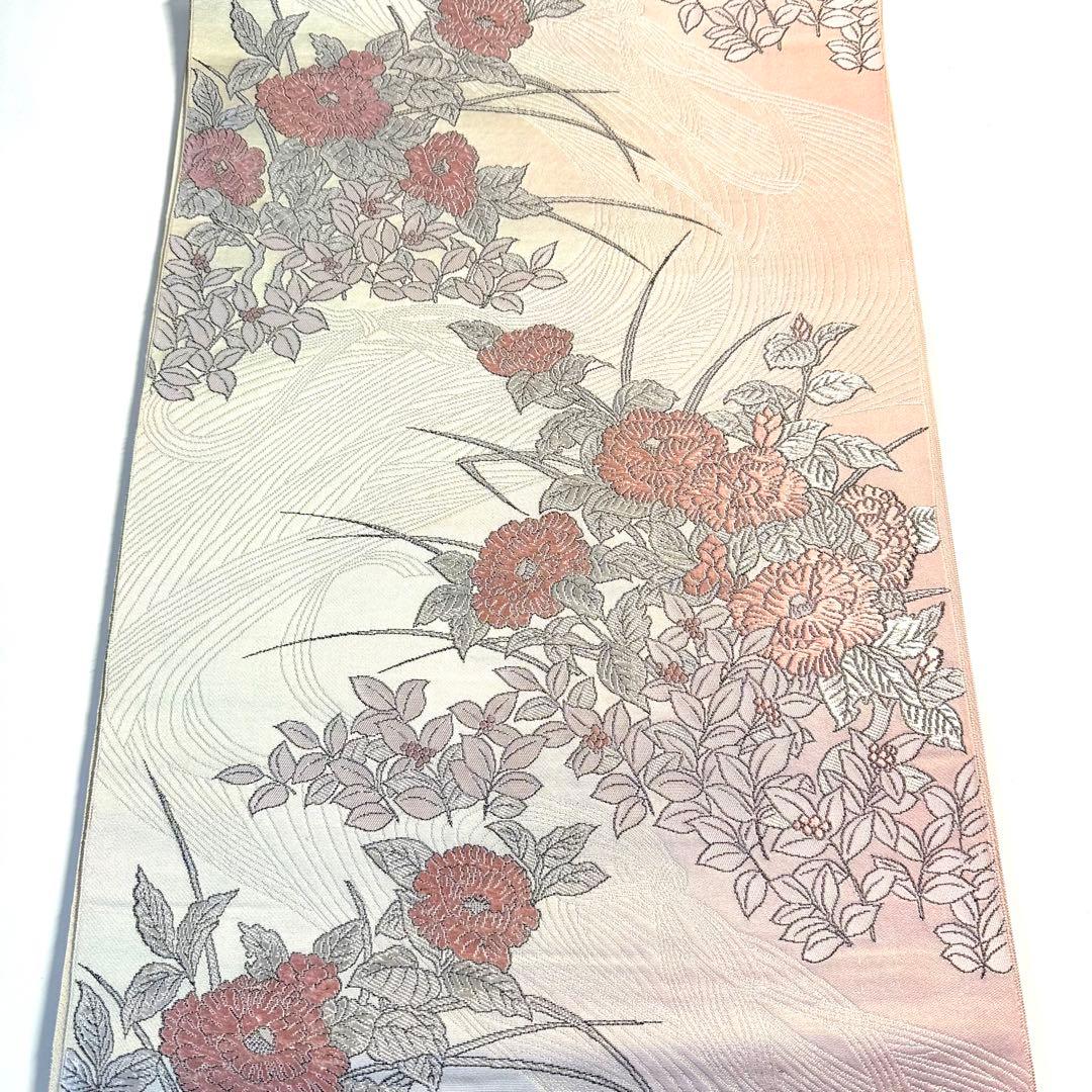 5k3015 名古屋帯　絹　博多織　唐織　ピンク　白　花柄　和装　着物