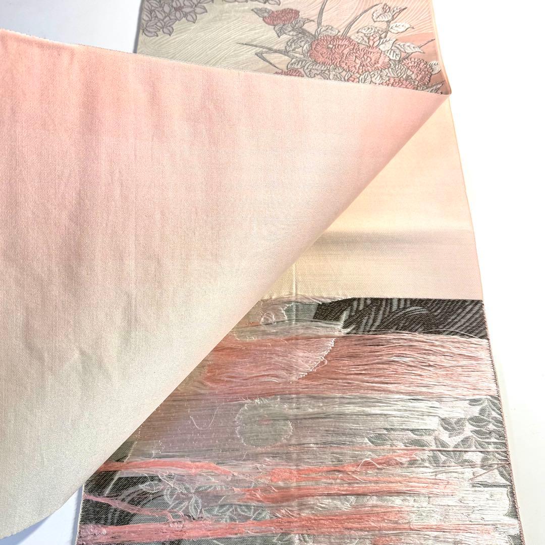 5k3015 名古屋帯　絹　博多織　唐織　ピンク　白　花柄　和装　着物