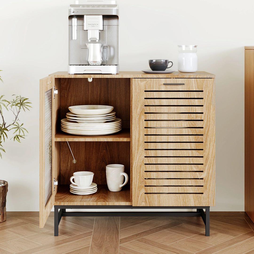 キャビネット サイドボード LEDライト付き 両開き扉収納 木目調 北欧風