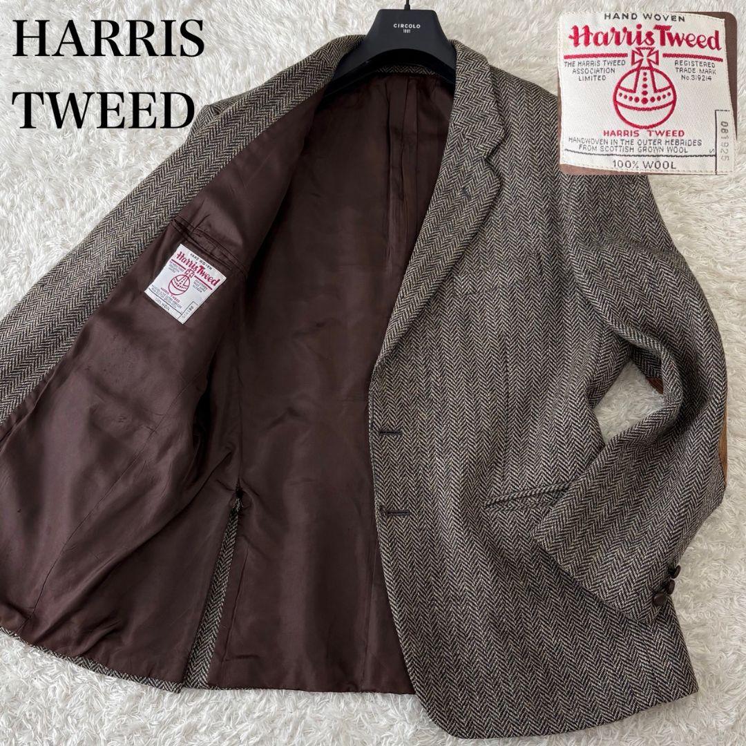ハリスツイード テーラードジャケット ヘリンボーン くるみボタン パッチ 3L