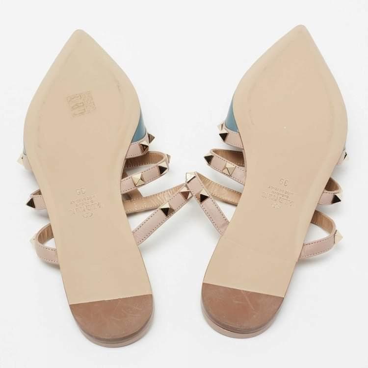 ヴァレンティノ ブ​​ルー/ベージュ レザー ロックスタッズ フラット ミュール