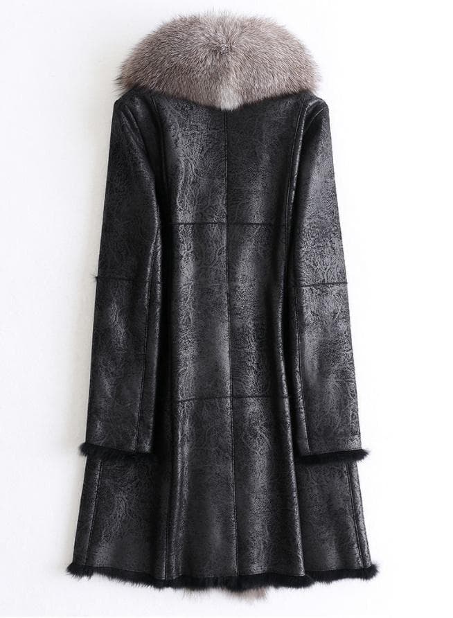 ★豪華シルバーフォックス襟付き★Wフェイスのレッキスロングコート毛皮ファー