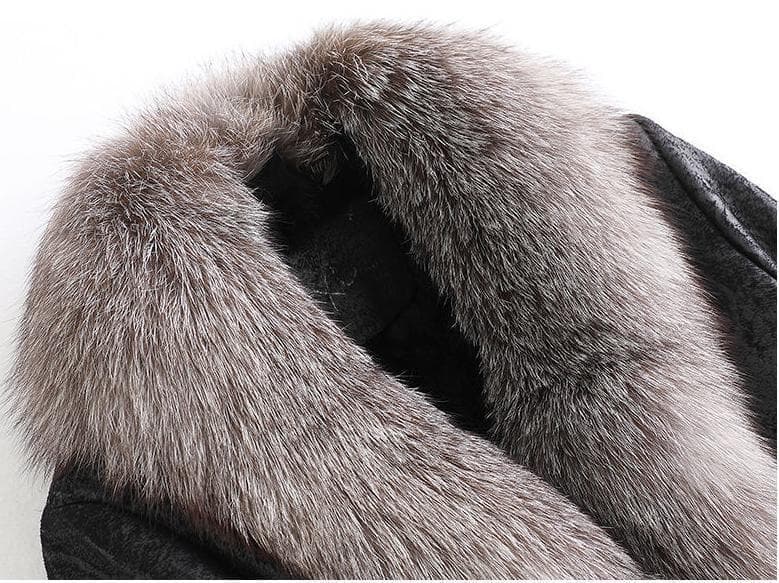 ★豪華シルバーフォックス襟付き★Wフェイスのレッキスロングコート毛皮ファー
