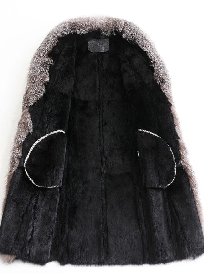 ★豪華シルバーフォックス襟付き★Wフェイスのレッキスロングコート毛皮ファー