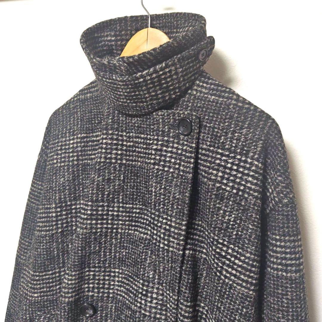 24AW スピックアンドスパン Wスライバーチェックハーフコート 36 黒グレー