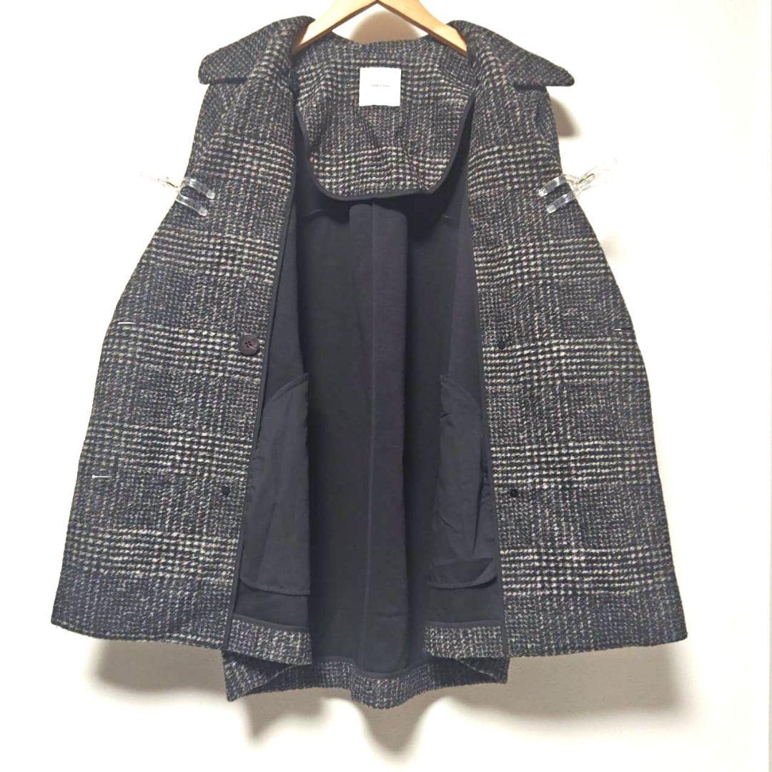 24AW スピックアンドスパン Wスライバーチェックハーフコート 36 黒グレー