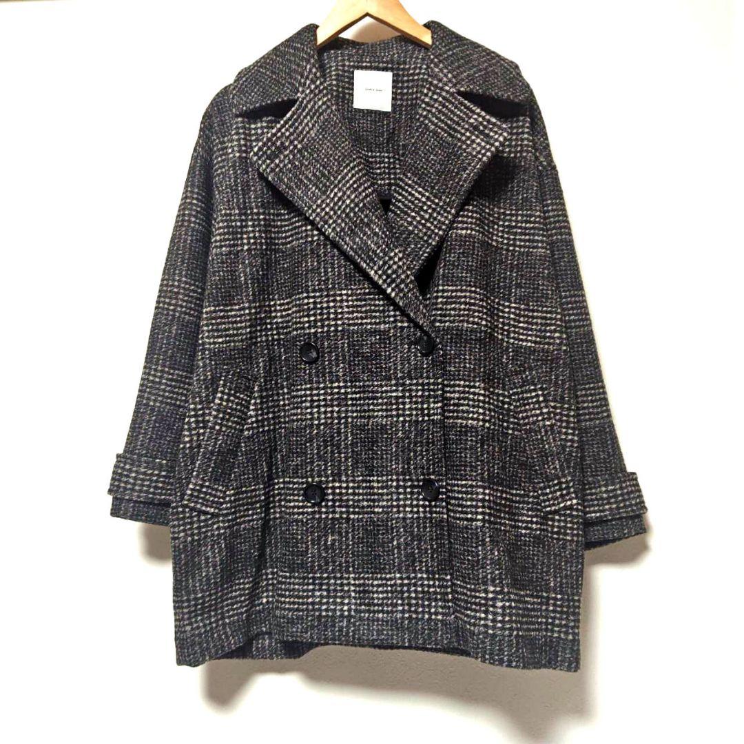 24AW スピックアンドスパン Wスライバーチェックハーフコート 36 黒グレー