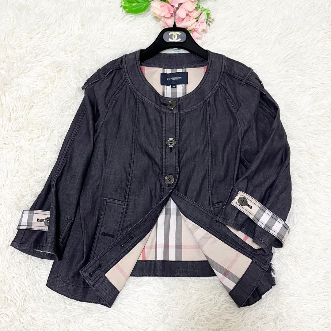 美品　バーバリーロンドン　ノーカラー　デニムジャケット　ノバチェック　44