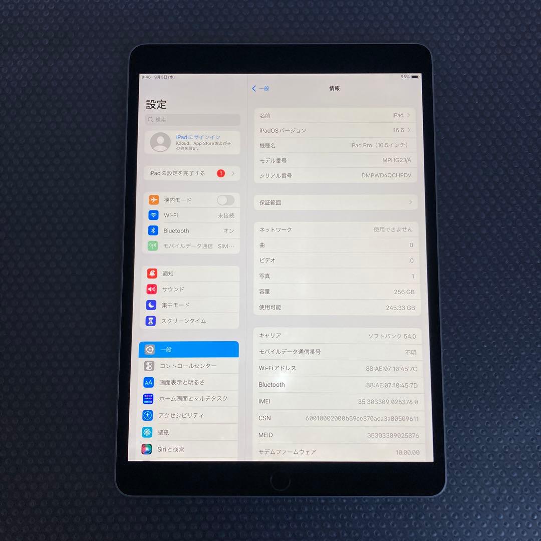 2565外観美品☆電池最良好☆iPadPro256GB10.5インチSIMフリー