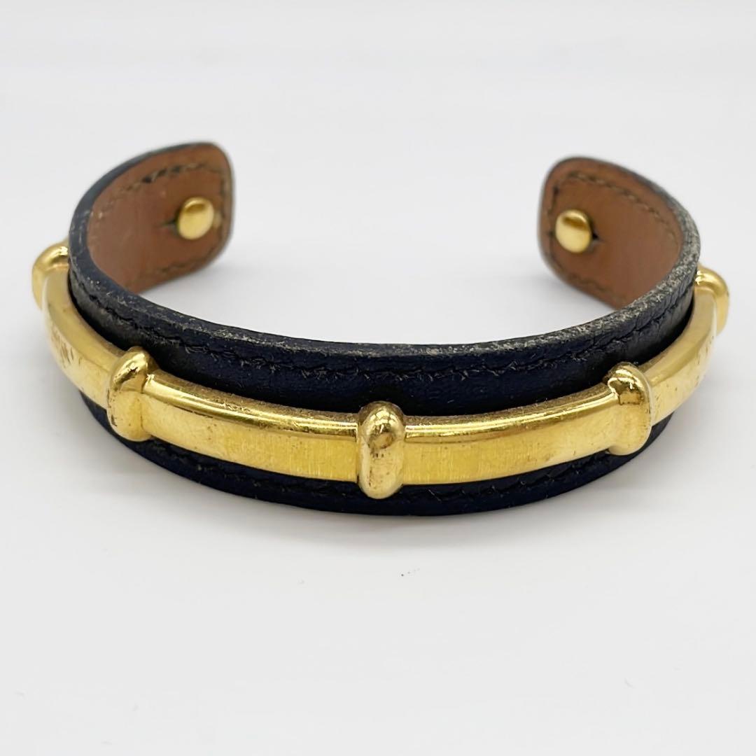 vintage HERMES レザーカフ ブラックxゴールドバングル