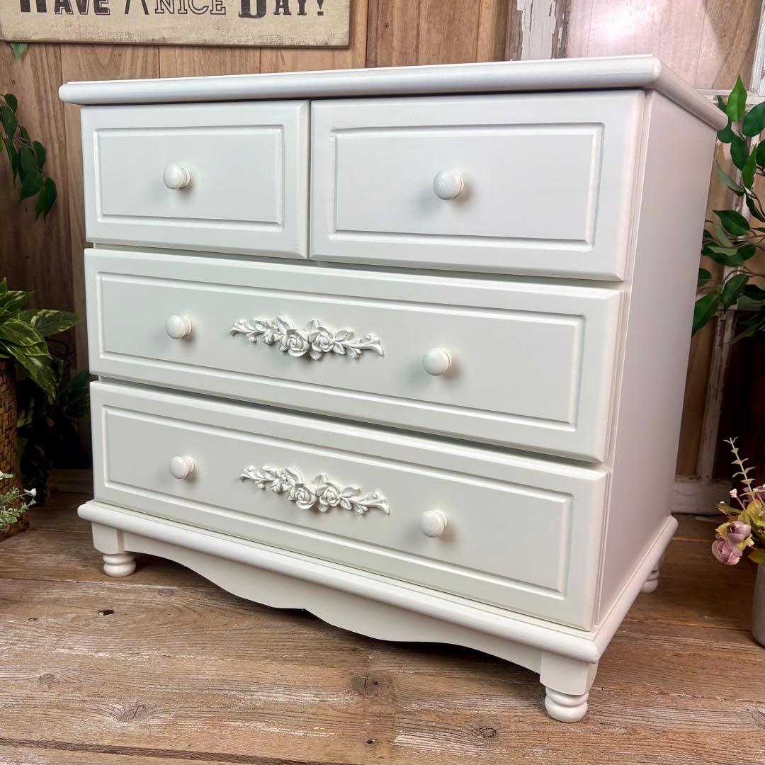 訳あり品！【102】フレンチ調ホワイトチェスト三段四つ引き木製収納家具姫系タンス