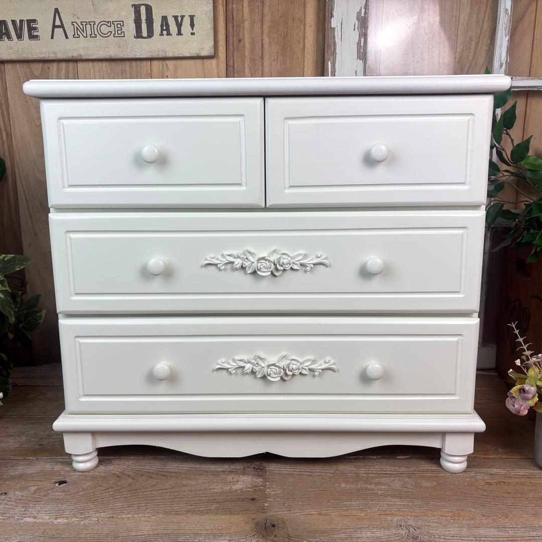 訳あり品！【102】フレンチ調ホワイトチェスト三段四つ引き木製収納家具姫系タンス