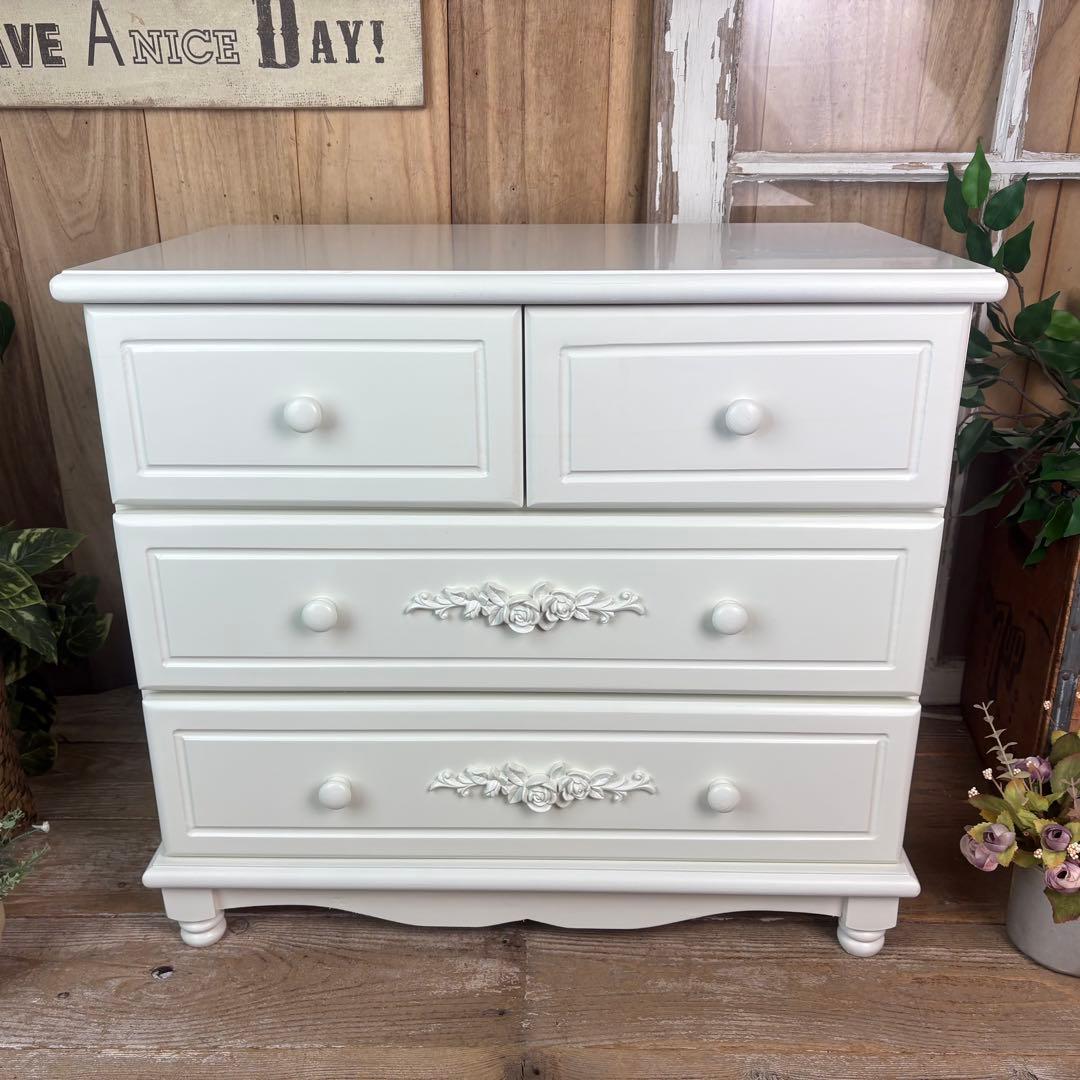 訳あり品！【102】フレンチ調ホワイトチェスト三段四つ引き木製収納家具姫系タンス