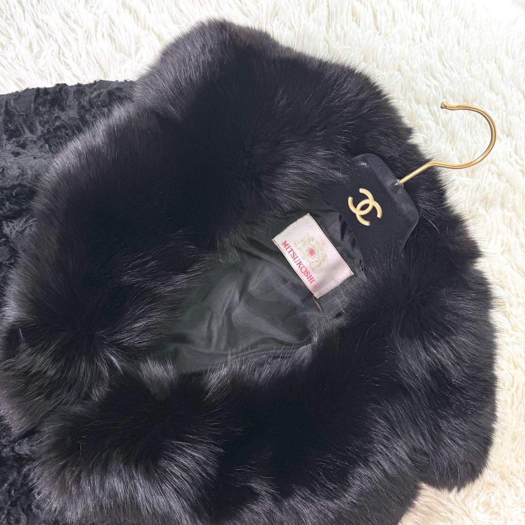 【着丈107㎝!!!】アストラカン×ブルーフォックスファー　ファーコート　本毛皮