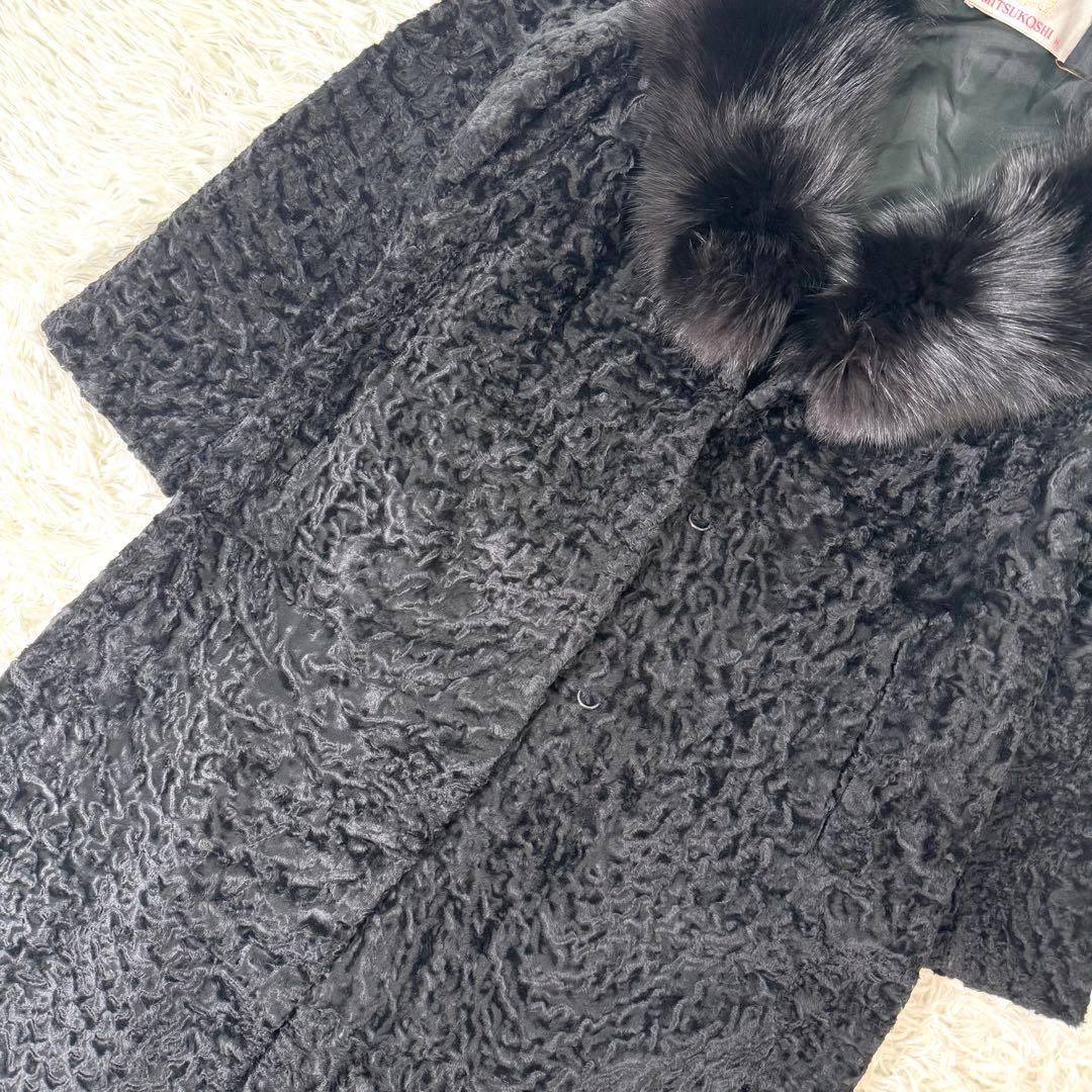 【着丈107㎝!!!】アストラカン×ブルーフォックスファー　ファーコート　本毛皮