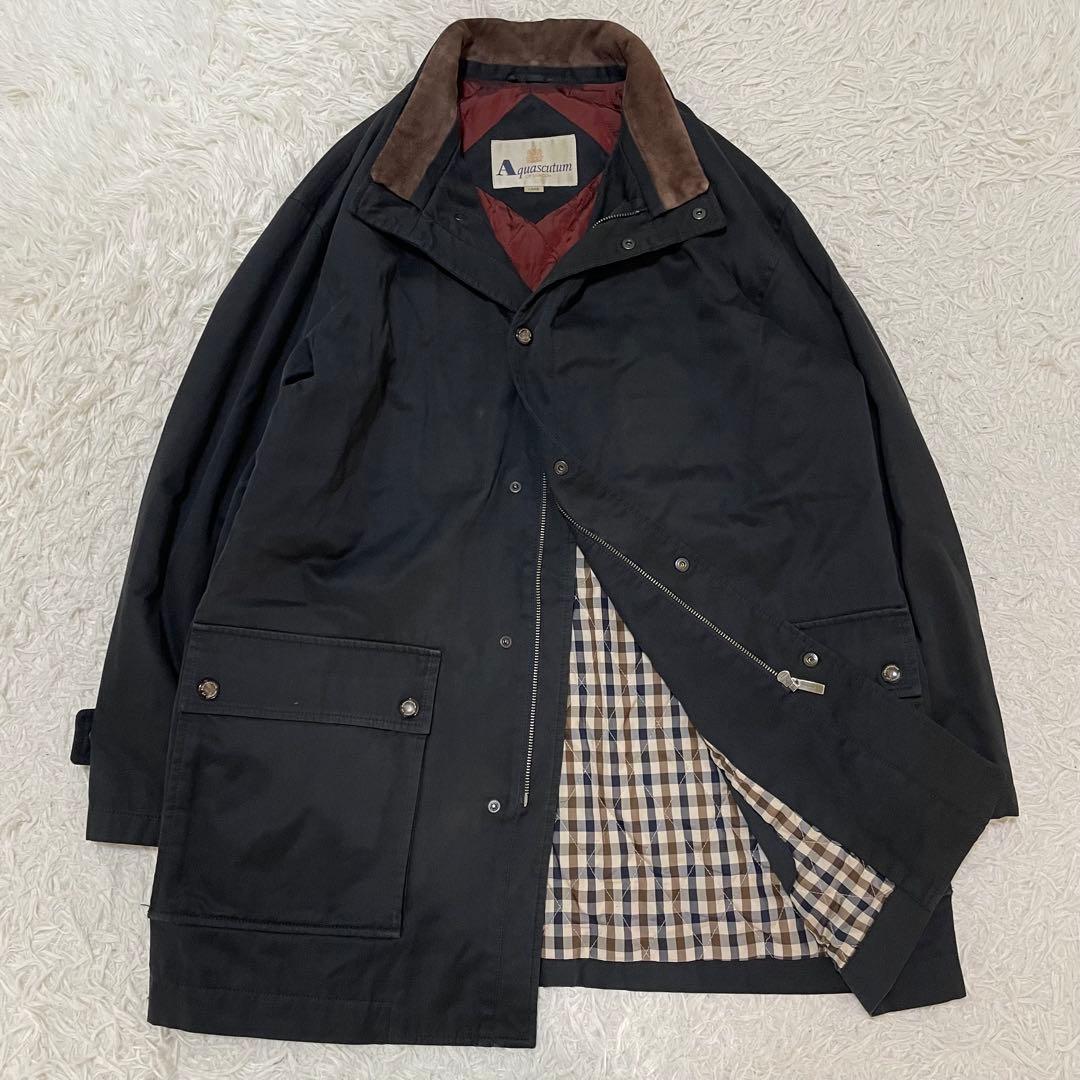 2XL相当 アクアスキュータム ハーフコート カシミヤ混 カバーオール ネイビー