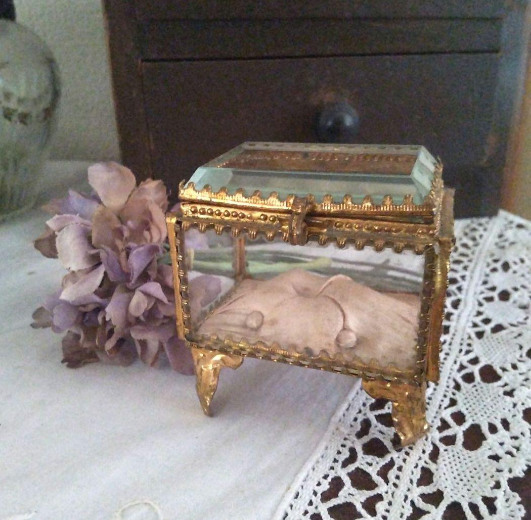 フランスアンティーク ベベルガラス ジュエリーボックス ピンククッション