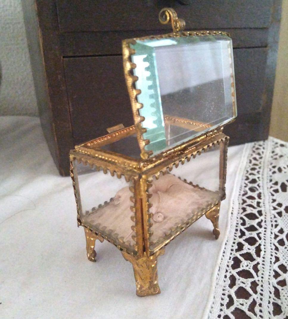フランスアンティーク ベベルガラス ジュエリーボックス ピンククッション