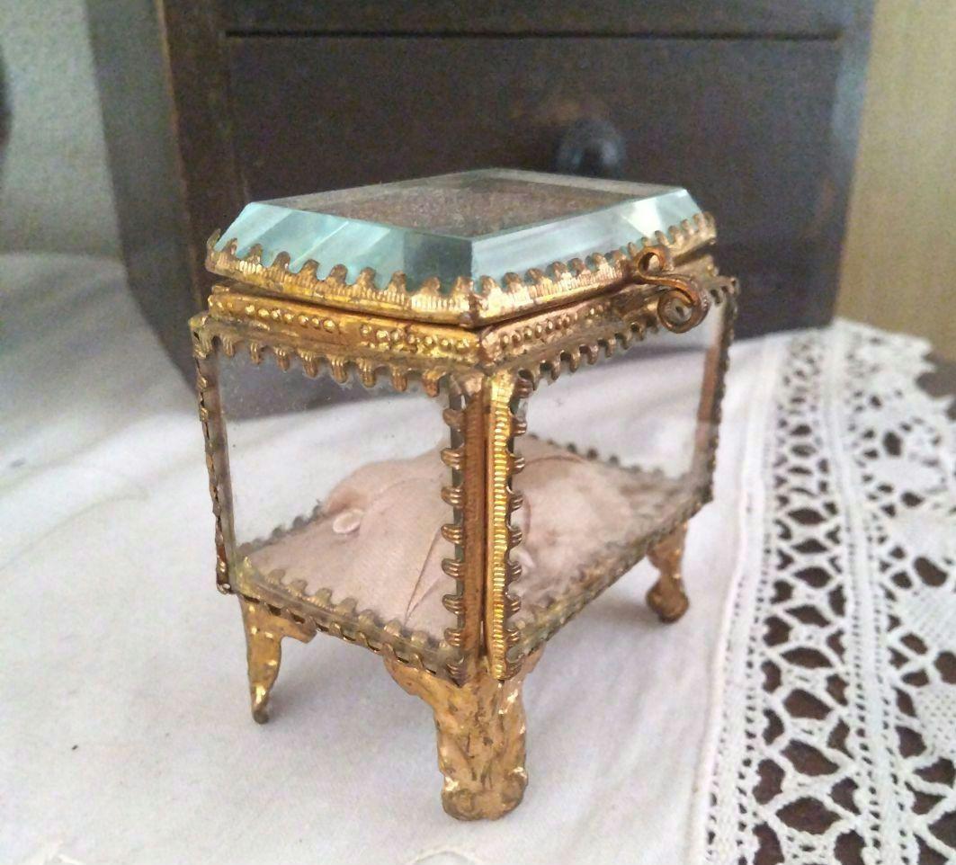 フランスアンティーク ベベルガラス ジュエリーボックス ピンククッション