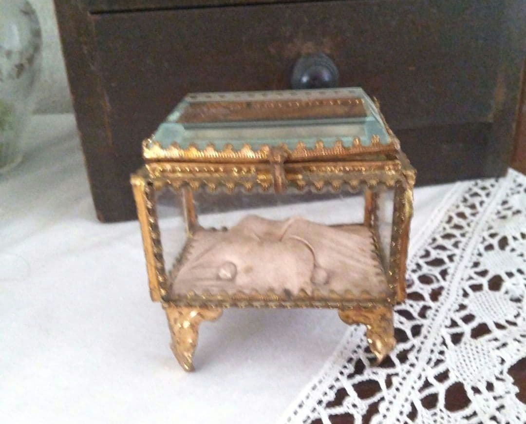 フランスアンティーク ベベルガラス ジュエリーボックス ピンククッション