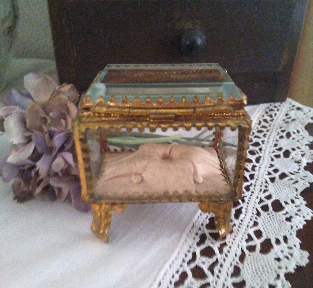 フランスアンティーク ベベルガラス ジュエリーボックス ピンククッション