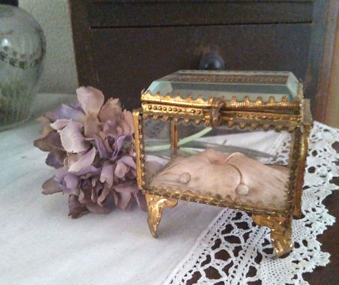 フランスアンティーク ベベルガラス ジュエリーボックス ピンククッション