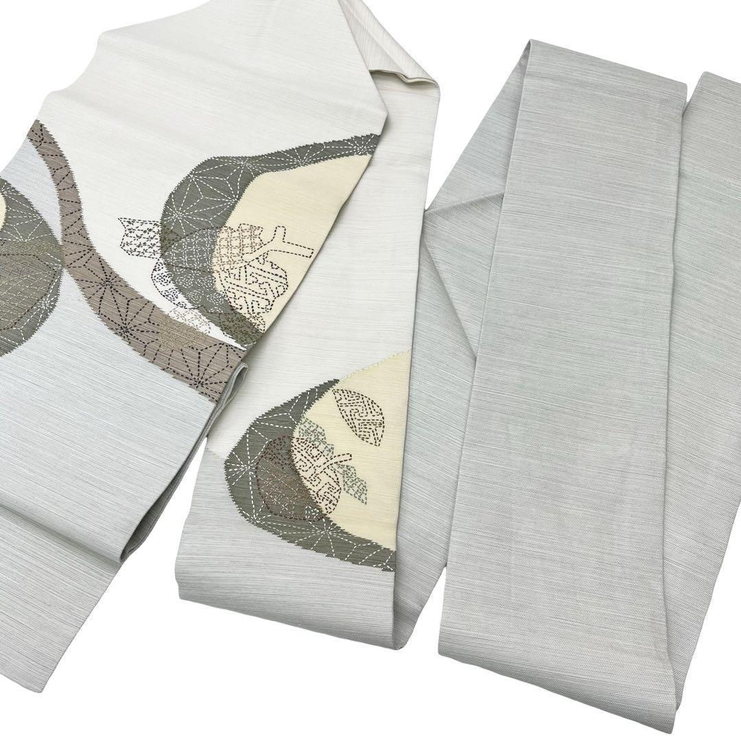 ☆ 名古屋帯 紬 刺し子 果物柄 雲井鼠 カジュアル O-4334