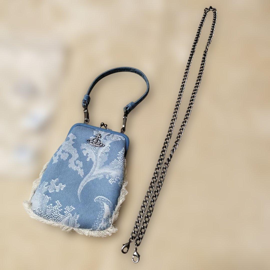 花柄スマホショルダーバッグ 青色デニム　フリンジ　ヴィヴィアンウエストウッド