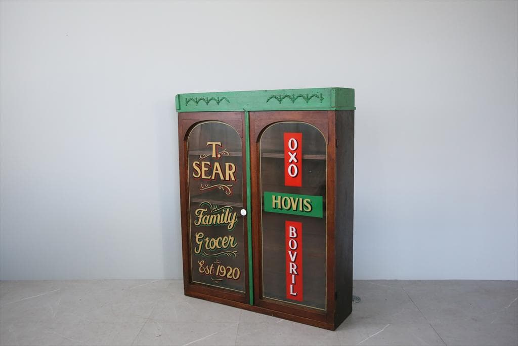 英国アンティーク英字入りディスプレイキャビネット/木製食器棚/本棚(88-148