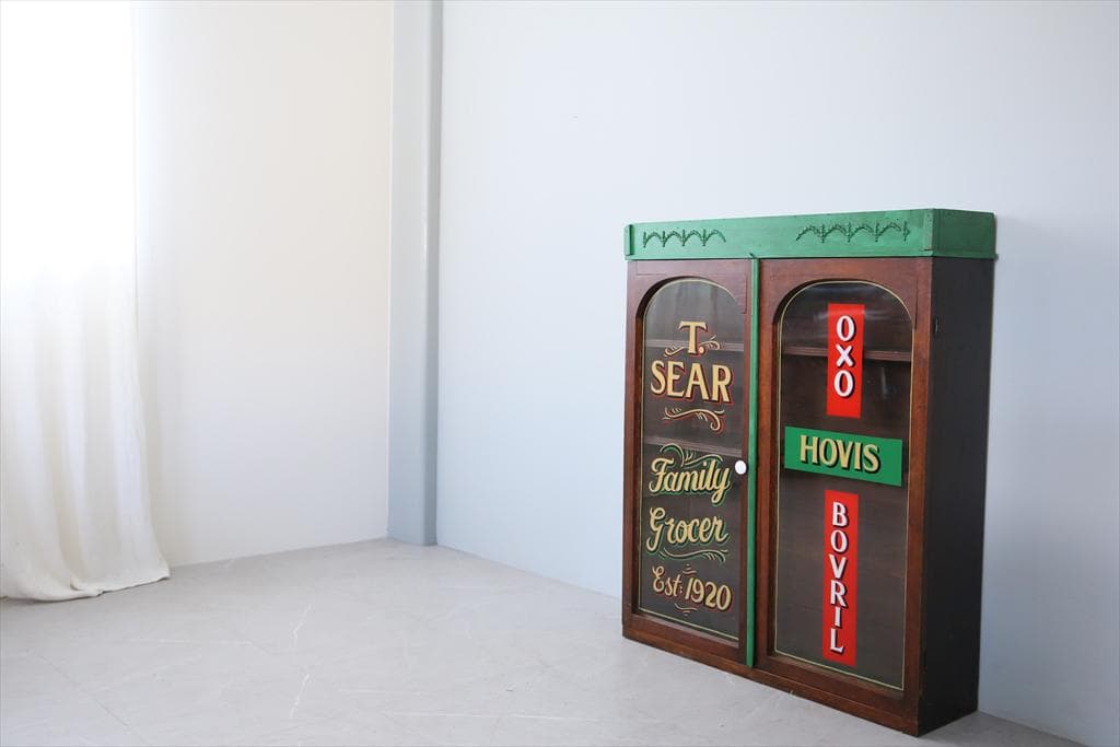 英国アンティーク英字入りディスプレイキャビネット/木製食器棚/本棚(88-148